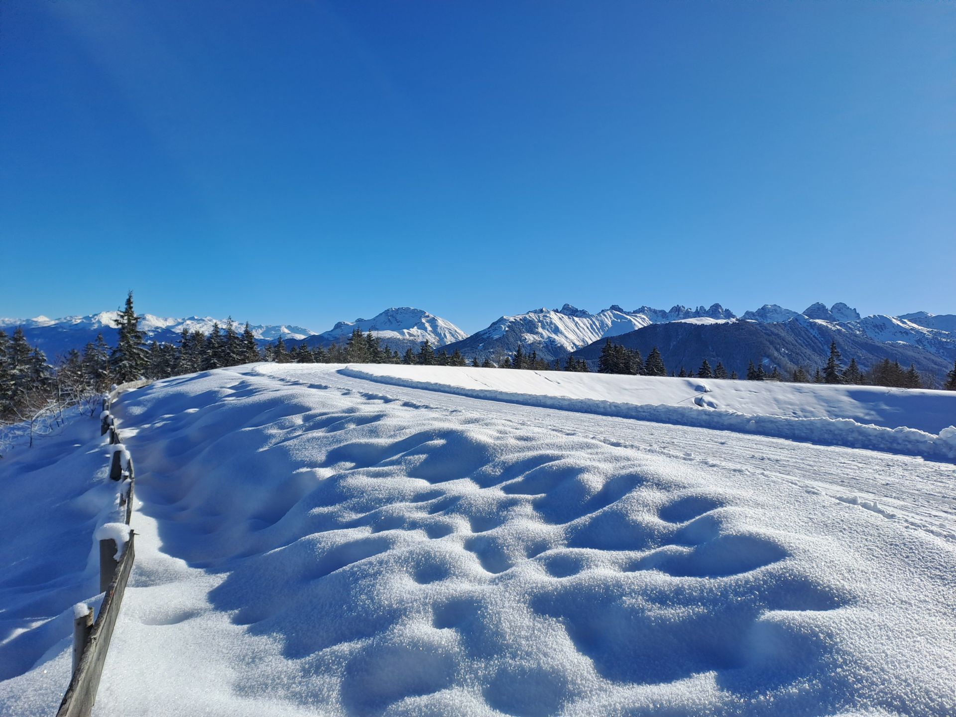 Blick auf einen schneebedeckten Weg.